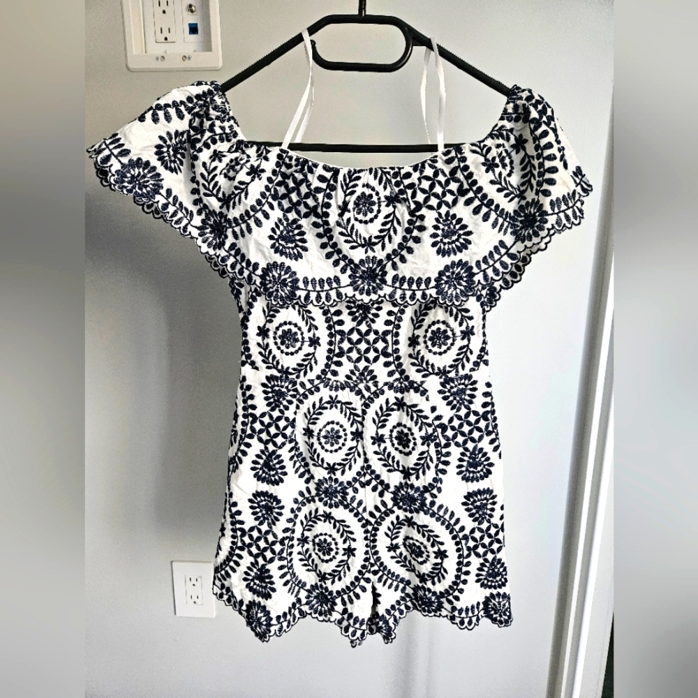 White And Navy Blue Embroidered Off The Shoulder Shorts Romper/ Jumpsuit